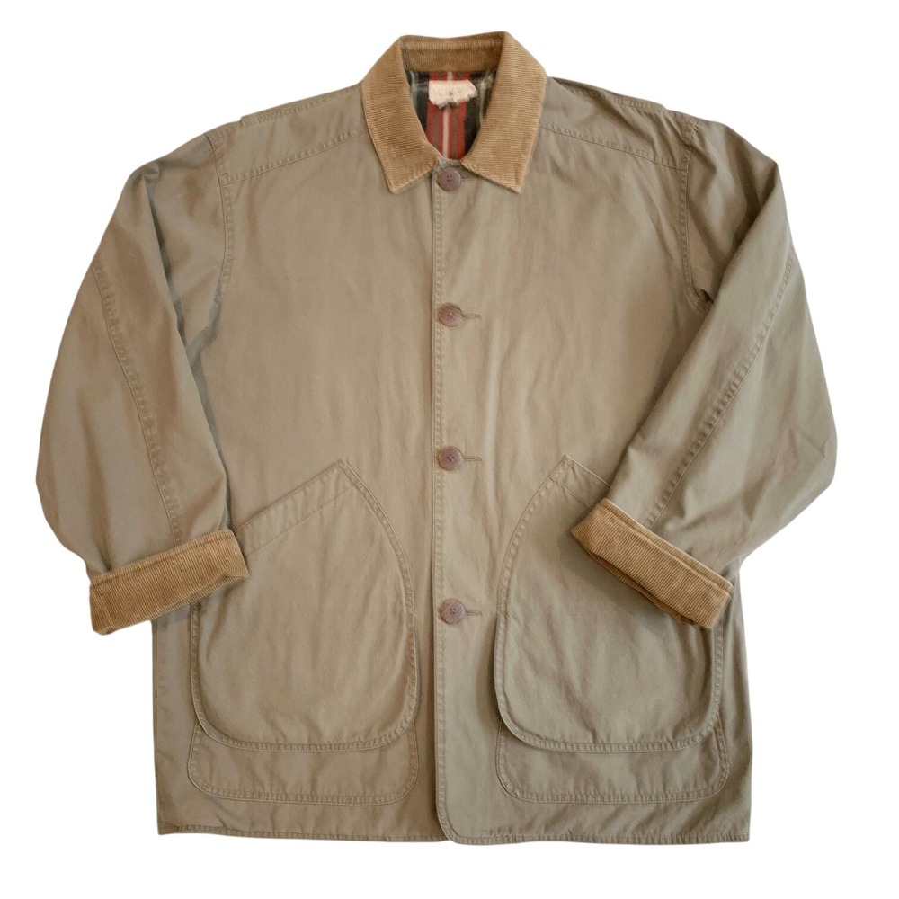 J.Crew Men M Khaki Cotton Canvas Barn Jacket Plaid Lined Field Coat Tan Vintage
